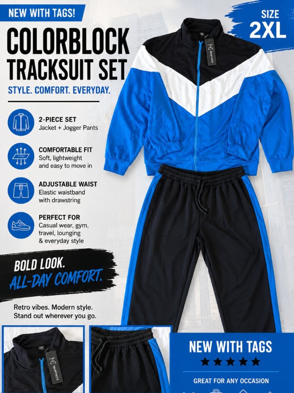 NWT Colorblock Tracksuit Set Blue Black White Jogger Set Men’s 2XL Streetwear